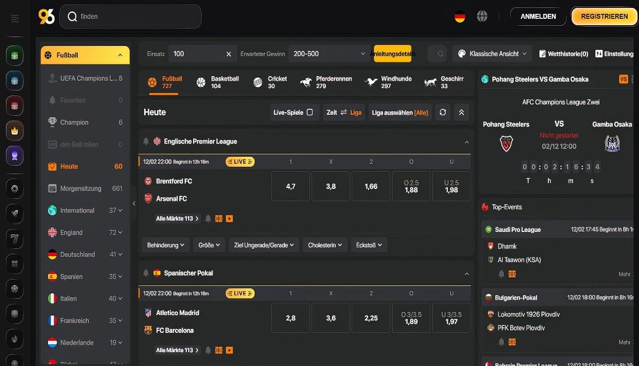 96.com Live Wetten desktop