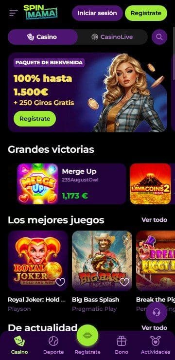 Lobby de inicio de spinmama mobile