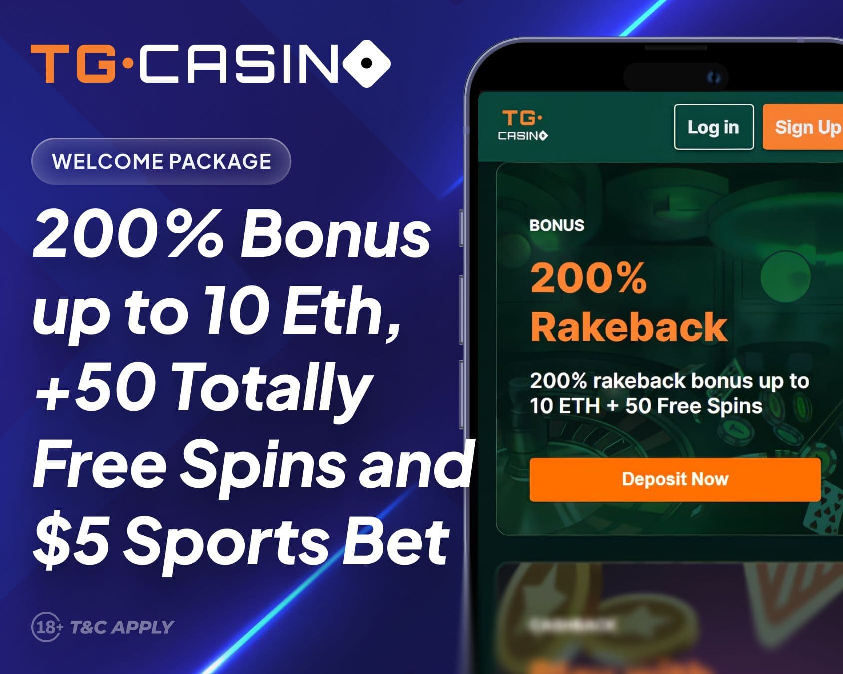 TG Casino desktop promo: 200% welcome bonus to 10 ETH +50 free spins & sports bet on green Telegram interface.