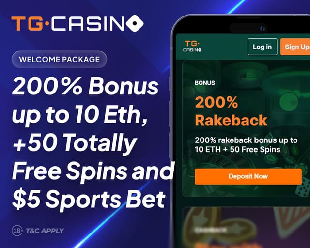 TG Casino promo banner: 200% welcome up to 10 ETH +50 free spins & sports bet on mobile Telegram app screen.