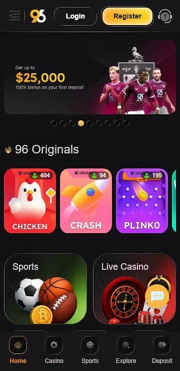 6.com mobile homepage: $25k bonus, sports, casino, live, originals, crypto deposit buttons.