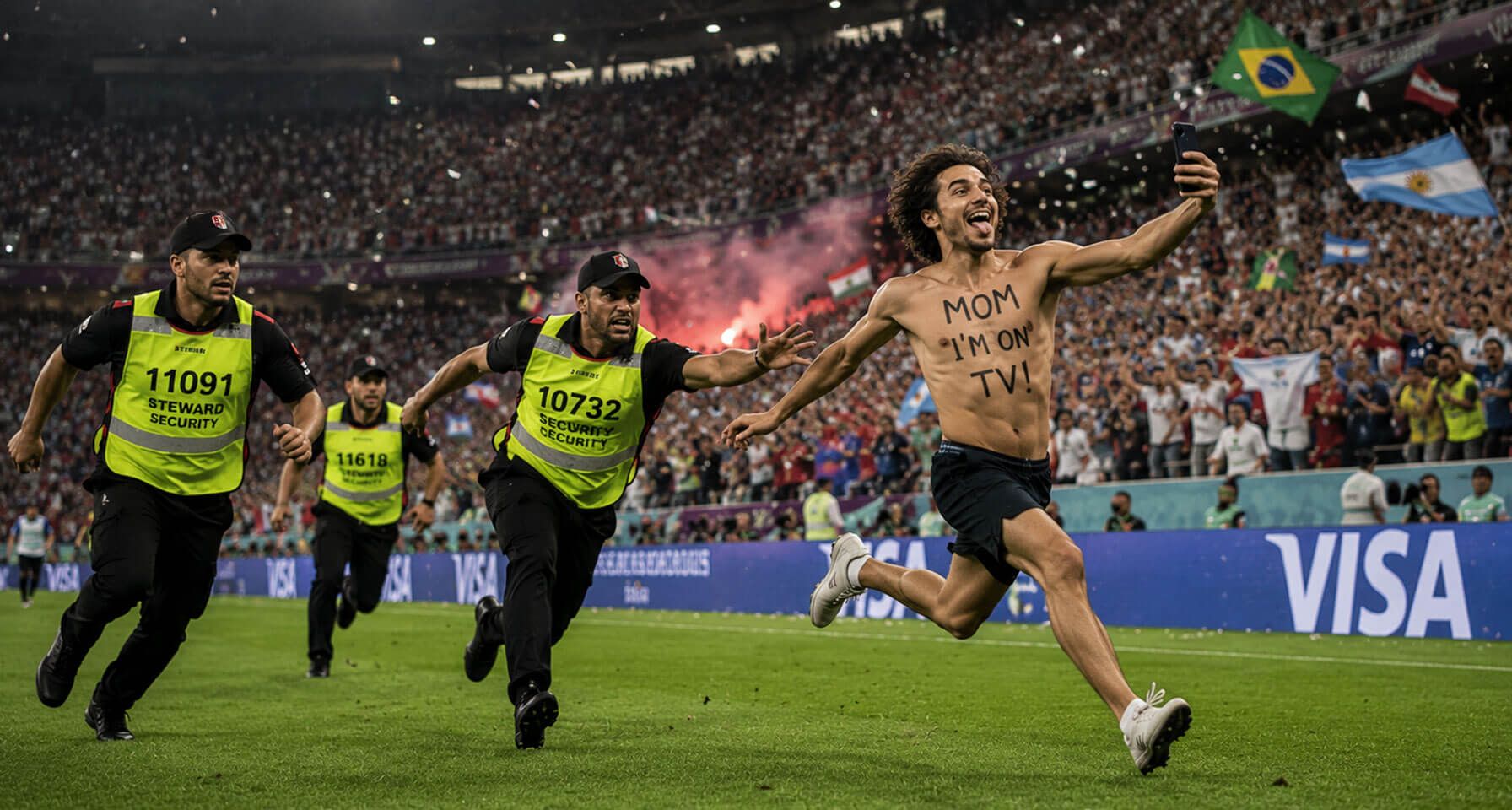 pitch invader on a football field, chased by security