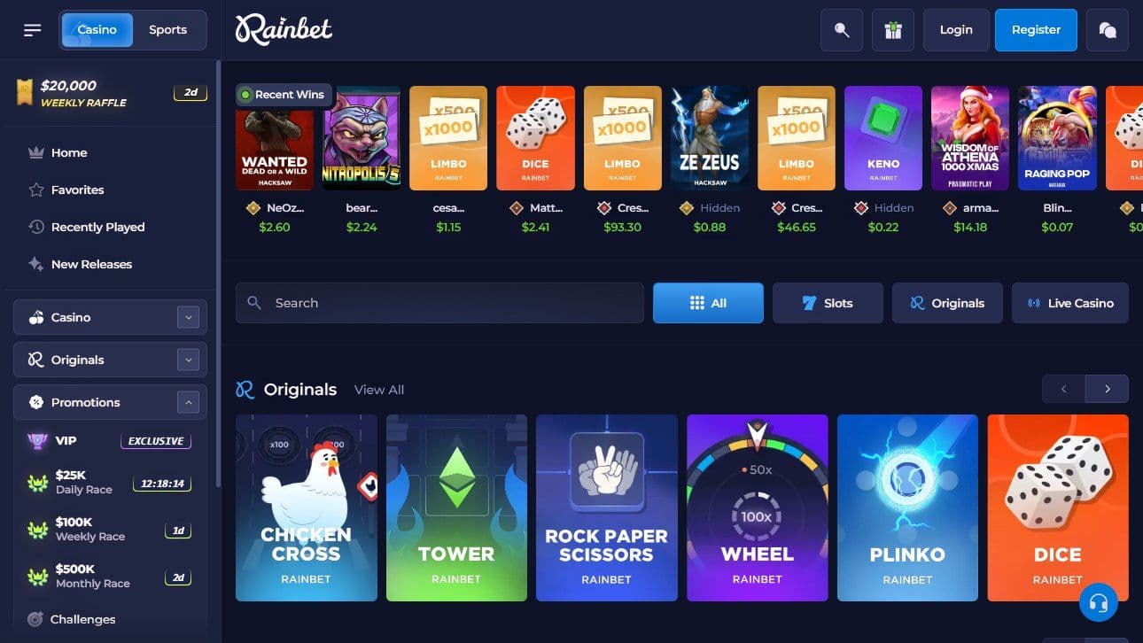 Rainbet Casino originals lobby: Rock Paper Scissors, Crash Tower, Plinko, Dice; $82K balance, new releases.