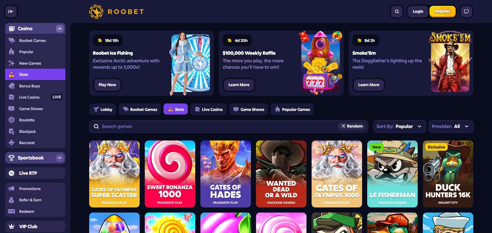 Interfaz de juego en Roobet mostrando slots y mesas