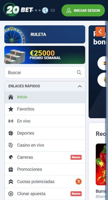 Lobby de inicio de 20bet mobile