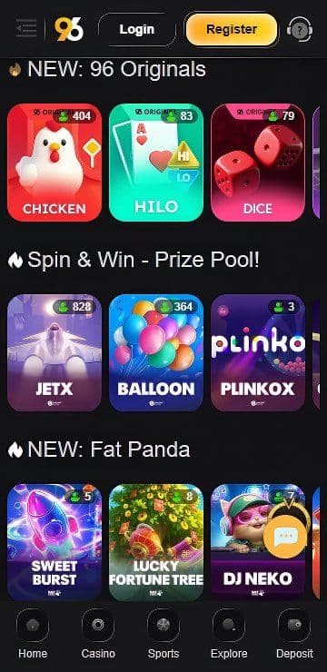 96.com mobile slots: New originals Chicken, Hilo, Dice, JetX, Plinko, DJ Nekos.