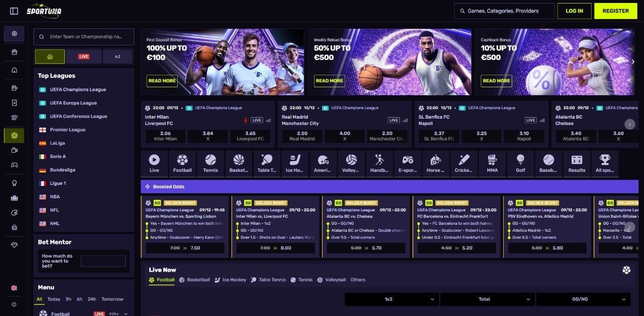 sportuna homepage desktop