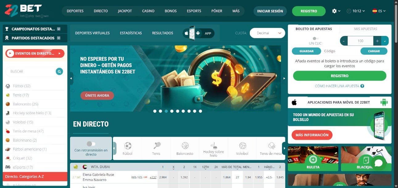 Lobby de inicio de 22bet