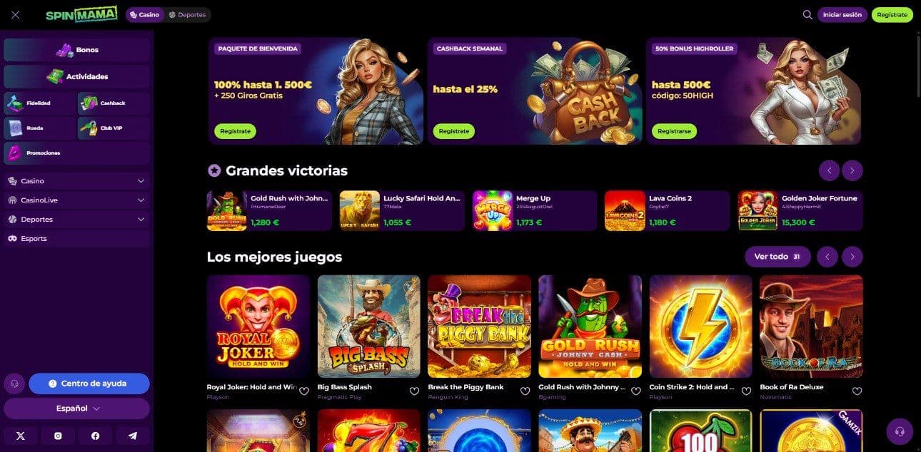 Lobby de inicio de spinmama