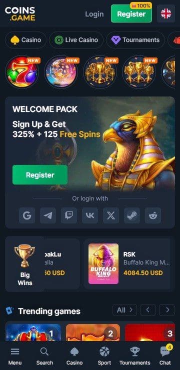 coins.game homepage mobile