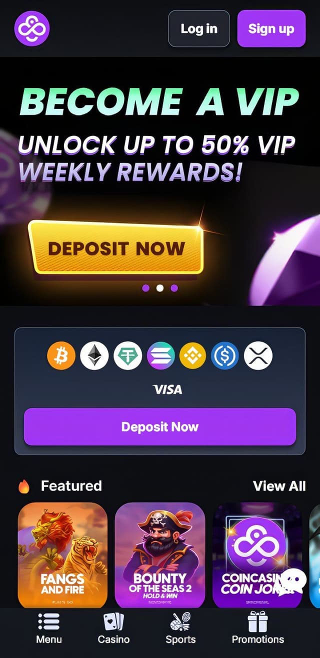 CoinCasino mobile homepage: crypto deposits with Bitcoin, VIP 50% rewards, 3,000+ games for US players.