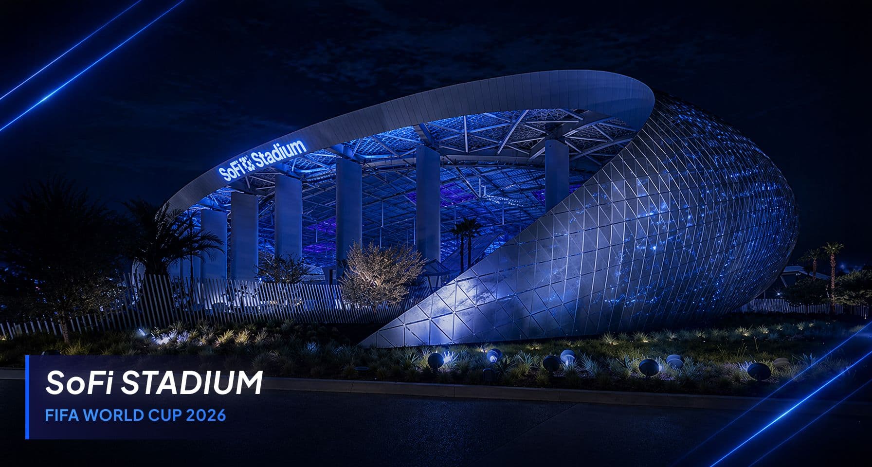 SoFi Stadium illuminated at night for FIFA World Cup 2026 in Los Angeles.