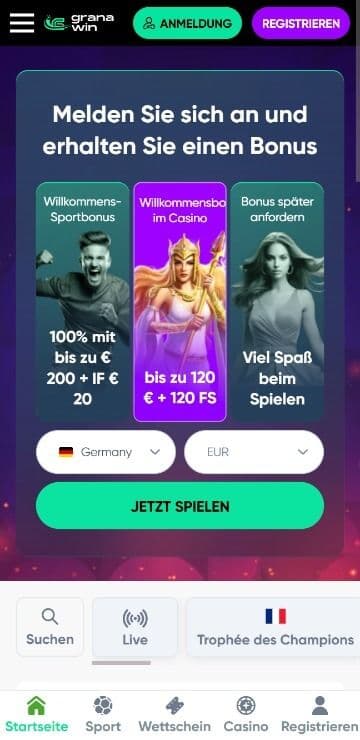 GranaWin Sportwetten und Casino Homepage Mobile