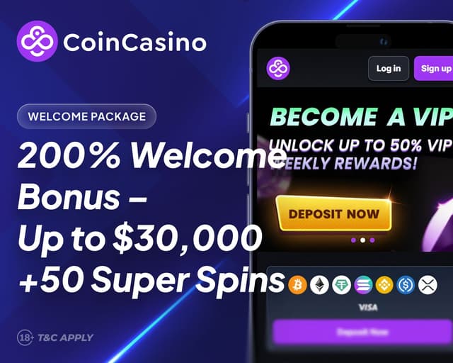 CoinCasino mobile welcome package: 200% bonus up to $30,000 + 50 Super Spins for US crypto players.