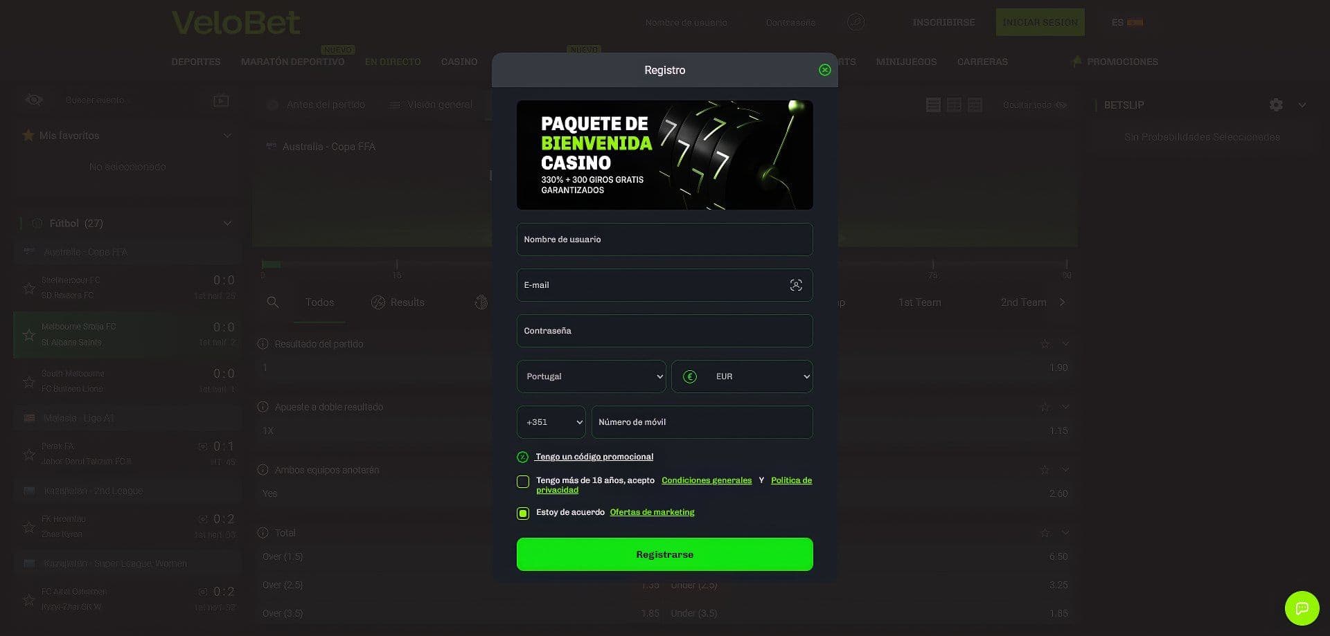 Registro en Velobet desde computadora.