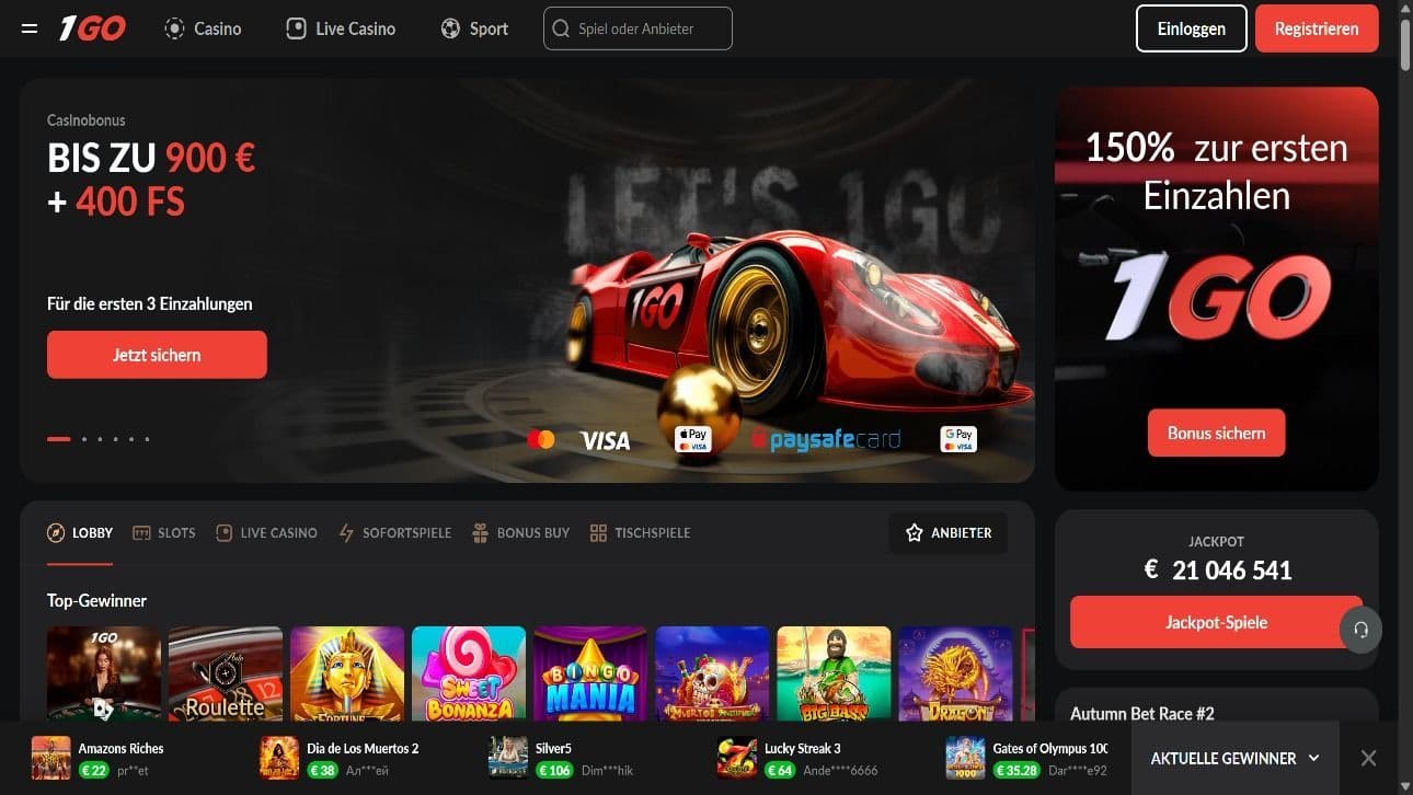 1GO Casino Startseite Desktop
