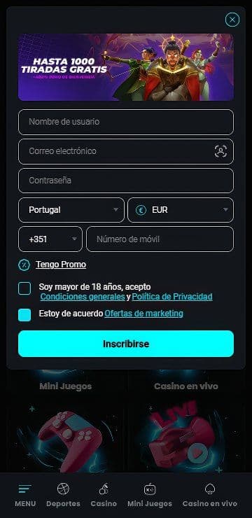 Registro desde celular en Cosmobet.