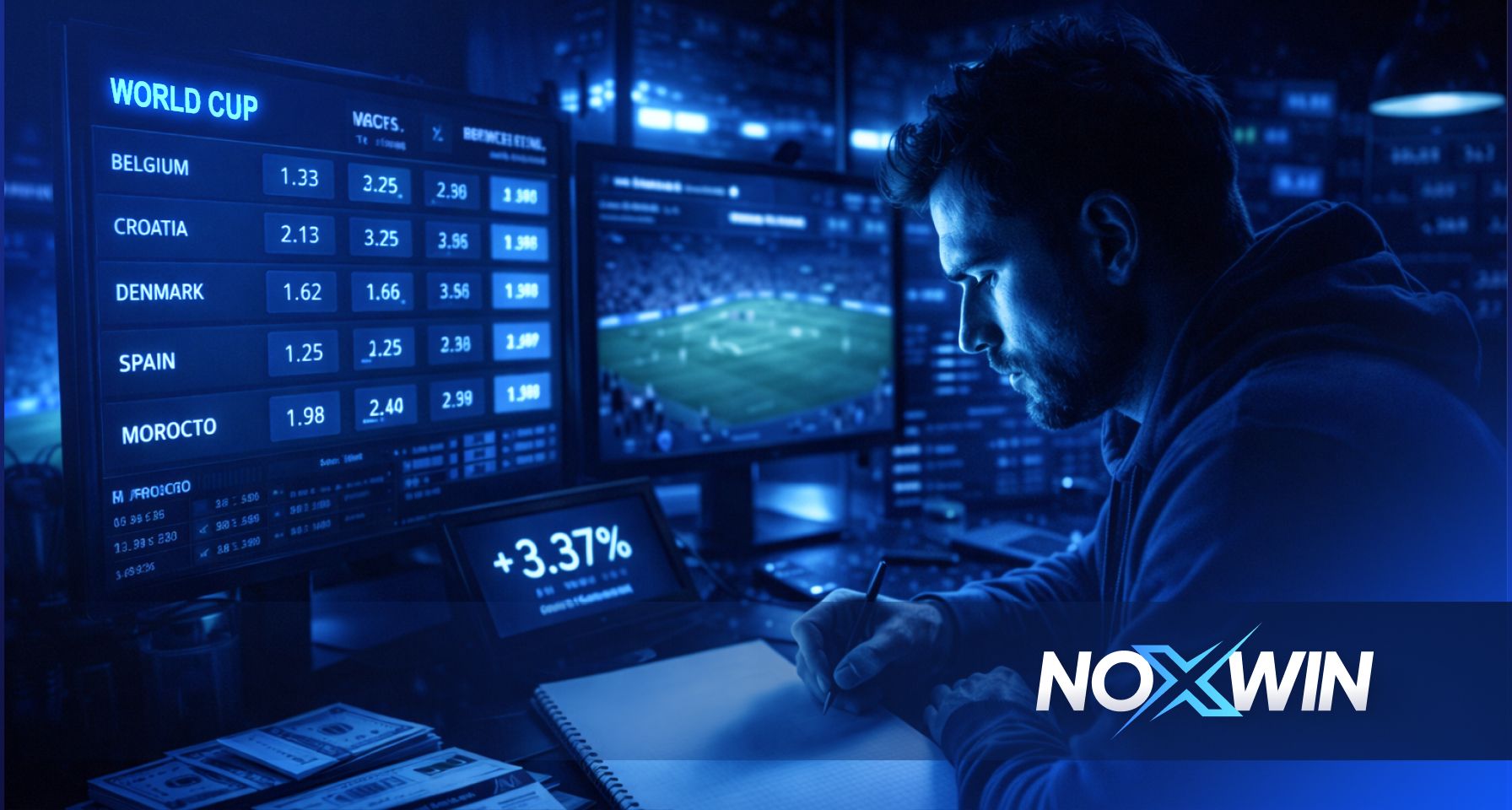 Noxwin Insights-Bild, das einen Buchmacher-Handelstisch mit Fußballquotenbildschirmen und Live-Wettdaten zeigt und so einen Einblick in die tatsächliche Arbeitsweise von Buchmachern gibt.