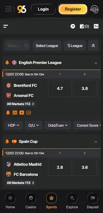 96.com Live Wetten mobile