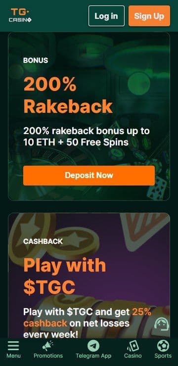 TG Casino Telegram app screenshot: 200% rakeback up to 10 ETH + 50FS, 25% TGC cashback on green mobile interface.