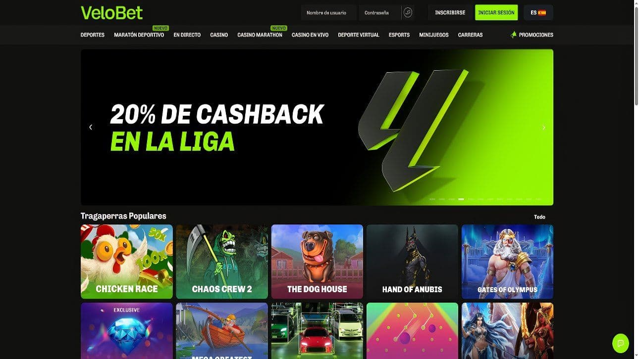 Página de inicio de Velobet en desktop.