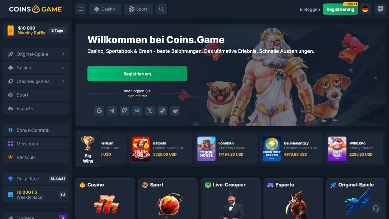 Coins.game Casino Homepage Desktop