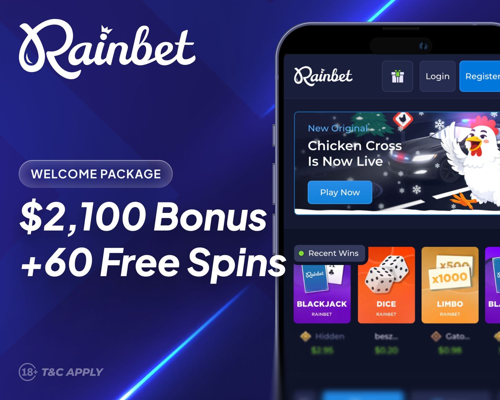 Rainbet Casino welcome bonus banner showing $2,100 bonus plus 60 free spins on mobile lobby with Chicken Cross slot promotion.