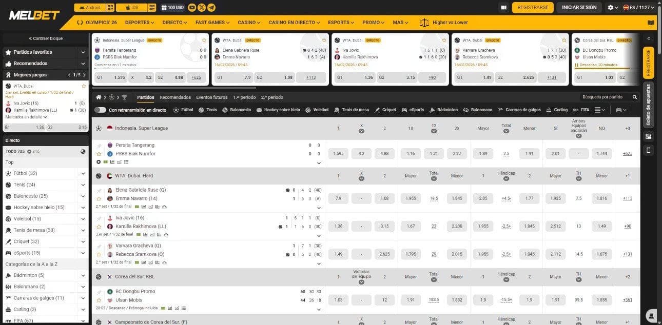 Apuestas en vivo de melbet