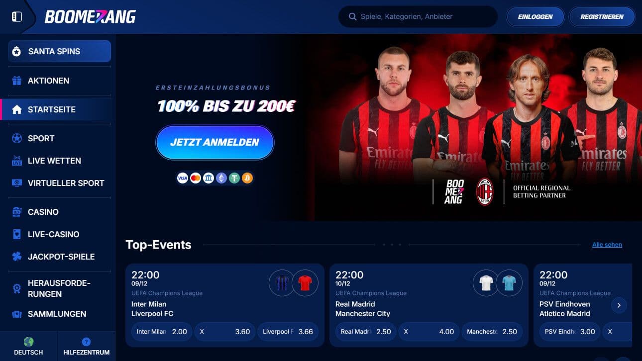 Boomerang Bet Homepage Desktop