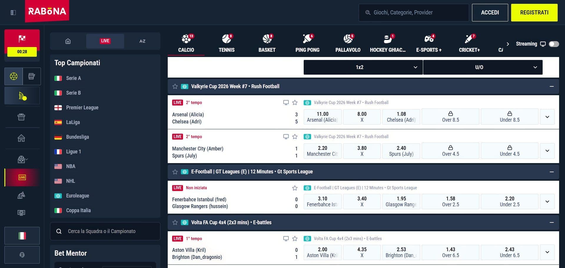 Rabona Scommesse Live Desktop