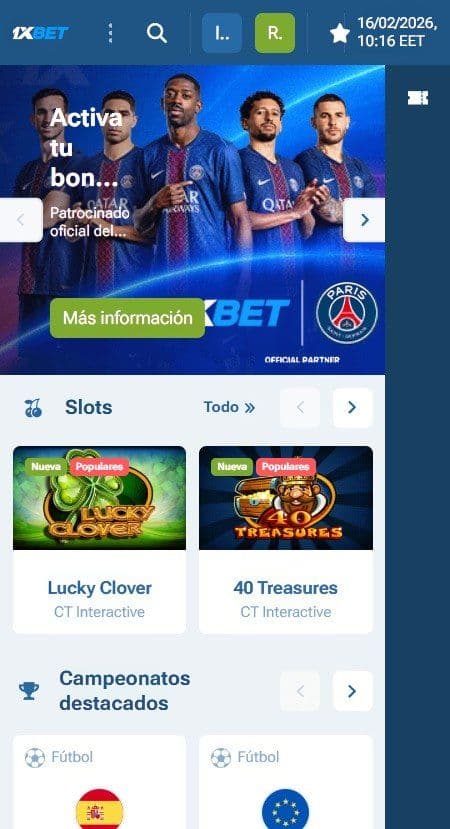 Lobby de inicio de 1xbet mobile