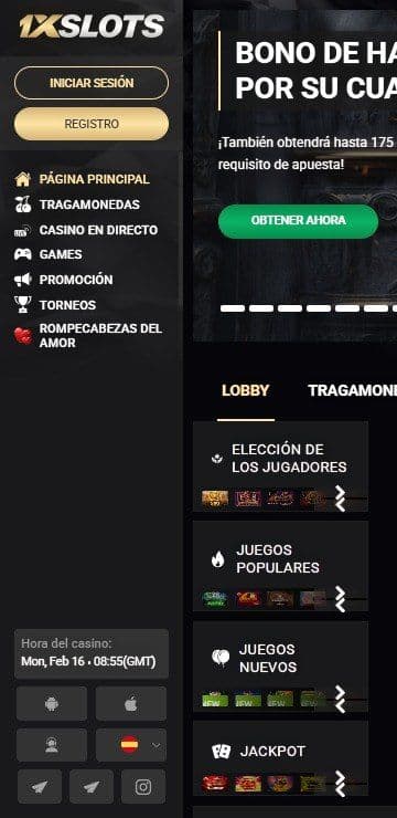 Lobby de inicio de 1xslots mobile