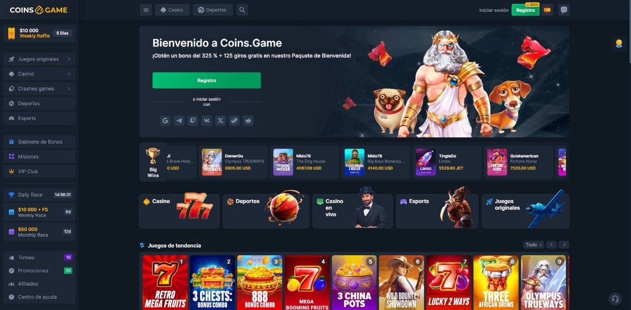 Lobby de inicio de coinsgame