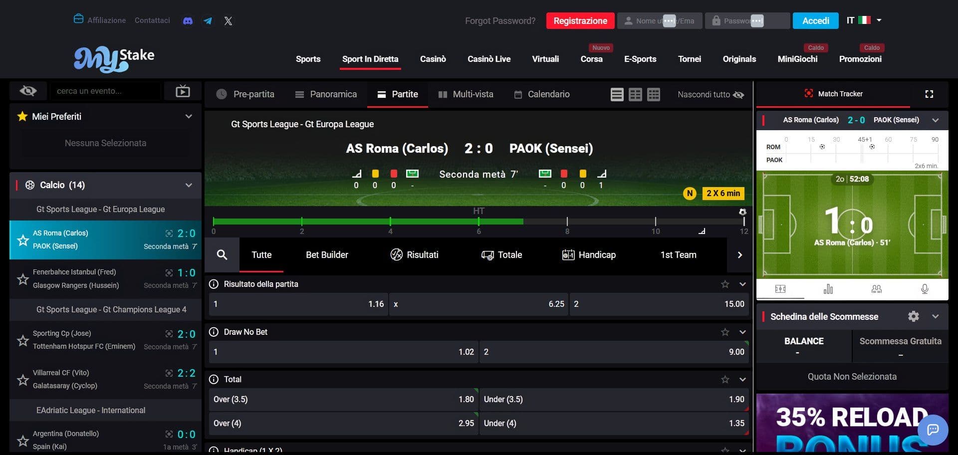 MyStake Scommesse Sportive Desktop