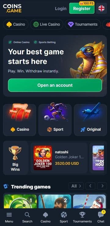 Coins.game Casino Homepage Mobile