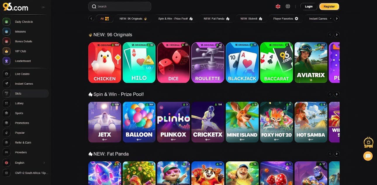 96.com slots: New originals Chicken, Hilo, Dice, Plinko, JetX, Fat Panda. 