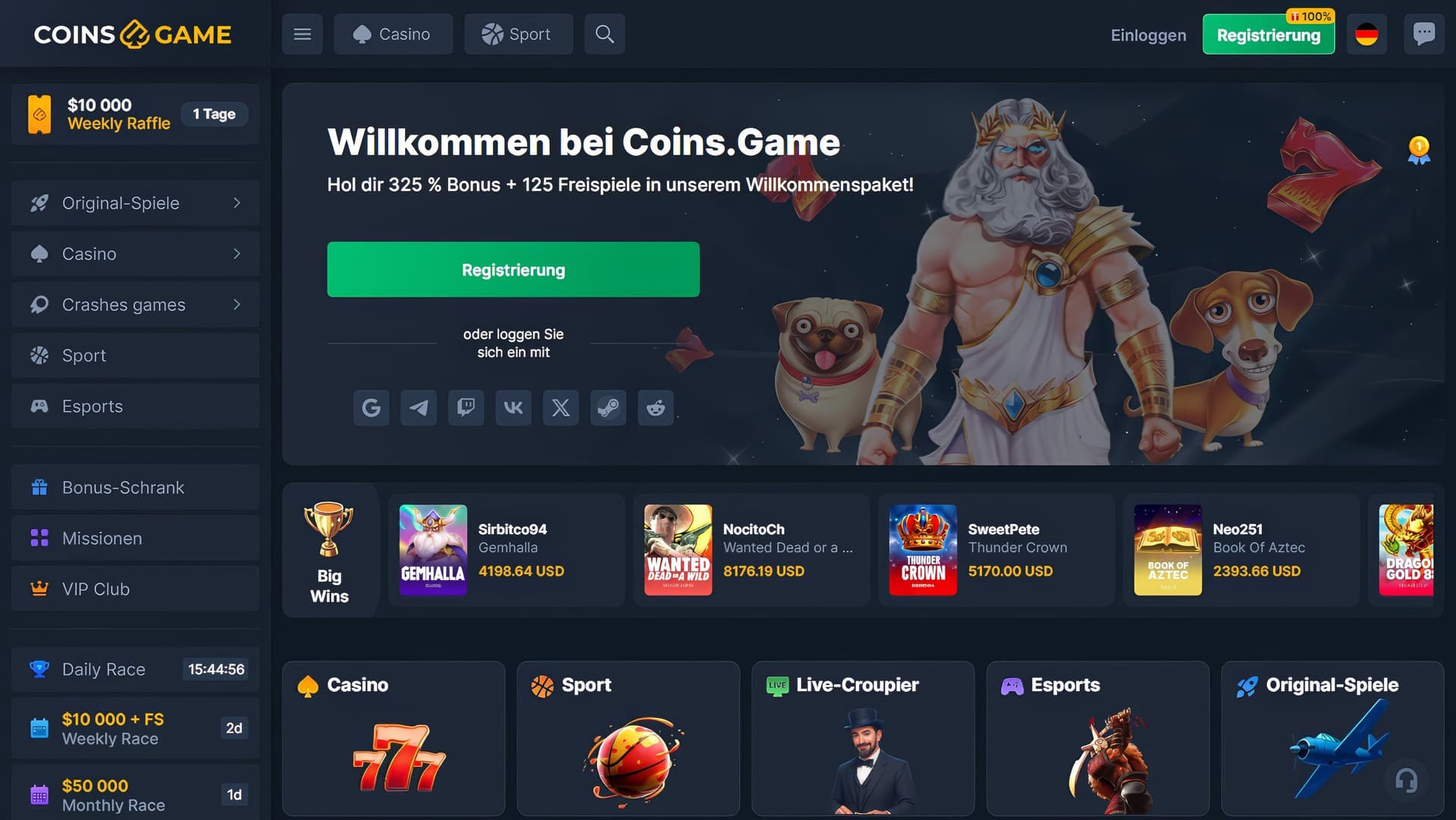 Coins.game Casino Homepage Desktop