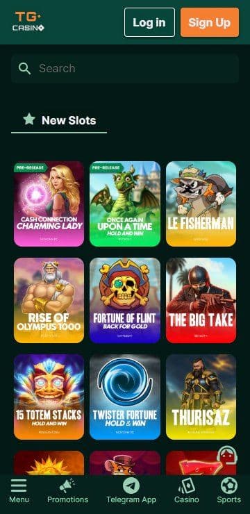 TG Casino Telegram app new slots screen: Charming Lady, Fisherman, Rise of Olympus on dark green mobile casino interface.