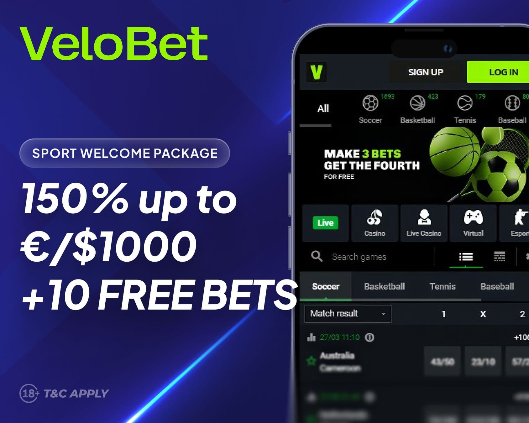 VeloBet sports bonus for new customers.
