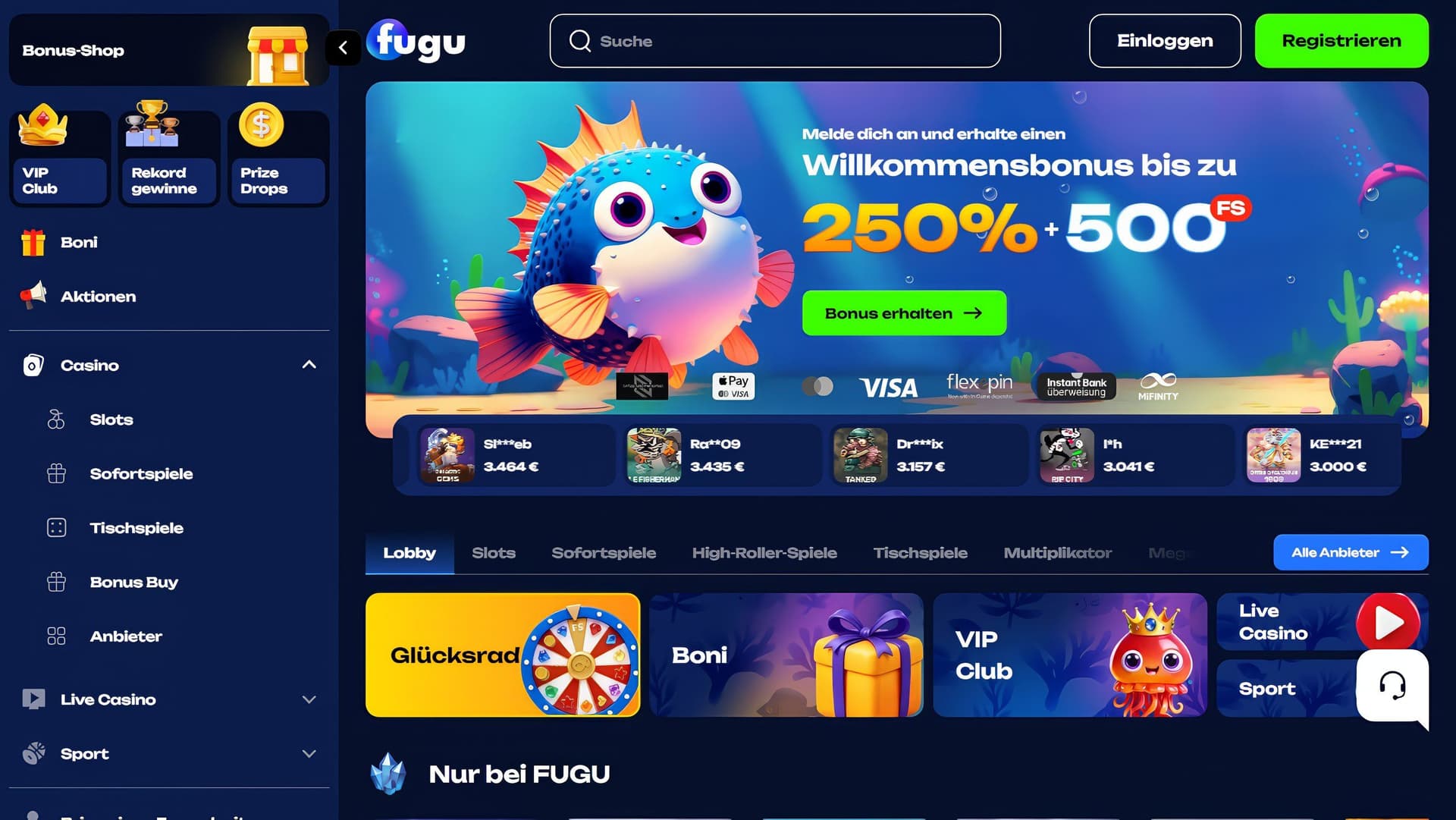Fugu Casino Homepage Desktop