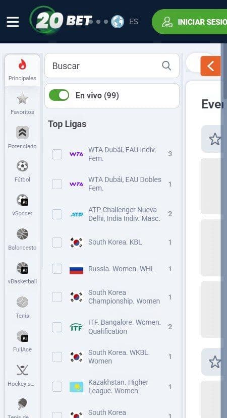 Apuestas en vivo de 20bet mobile