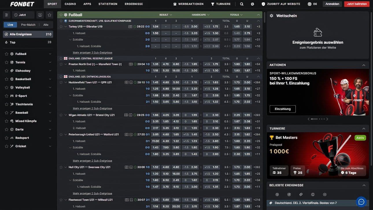Fonbet Live Wetten Desktop