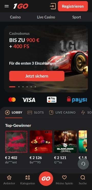 1GO Casino Startseite Mobile