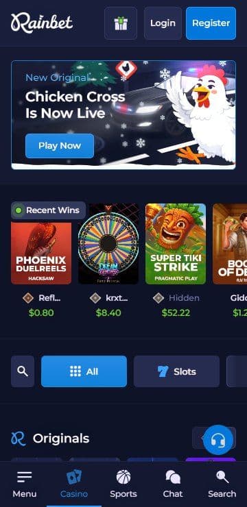 Rainbet Casino mobile app screenshot featuring New Chicken Cross slot promo, recent wins, and slots lobby.
