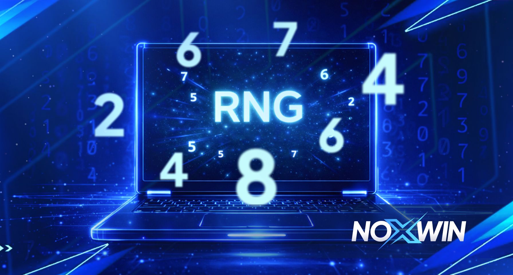 RNG online casino cover image with digital numbers and a laptop, highlighting fairness, myths, and certifications.