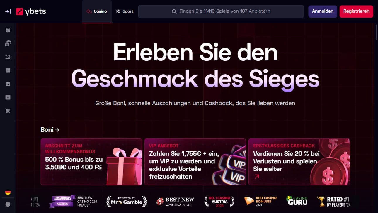 Ybets Casino Homepage Desktop