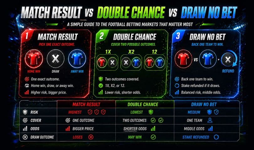 Match Result vs Double Chance vs Draw No Bet. A simple guide to the football betting markets that matter most.