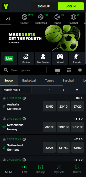 VeloBet mobile sportsbook homepage with soccer fixtures and 3 + 1 free bets.