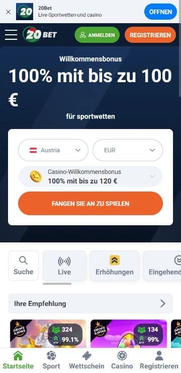 20Bet Homepage Mobile