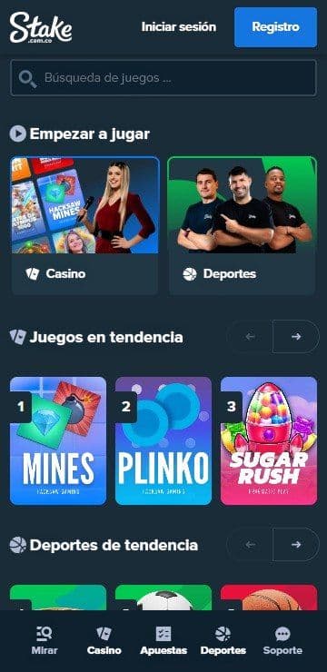 Lobby de inicio de stakecom mobile